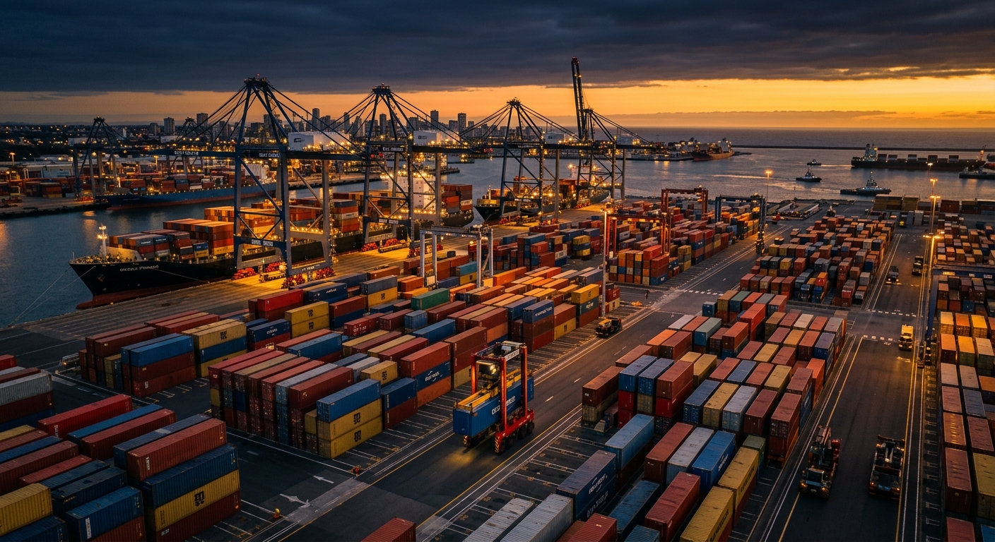 Straddle carriers at dusk · Port Newark Container Terminal